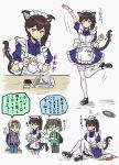  3girls accident alternate_costume animal_ears apron blue_dress brown_eyes brown_hair cat_ears cat_tail commentary_request dress enmaided frilled_apron frills highres kaga_(kancolle) kakincho kantai_collection long_hair maid maid_headdress multiple_girls multiple_views otaku shoukaku_(kancolle) side_ponytail tail teapot thigh-highs translation_request tray white_apron white_background white_thighhighs zuikaku_(kancolle) 