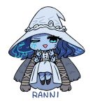  1girl ;d blue_eyes blue_hair blue_skin chan_co character_name chibi colored_skin elden_ring hat long_hair looking_at_viewer one_eye_closed quadruple_v ranni_the_witch simple_background smile solo v white_background witch_hat 