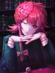  1girl bangs black_sweater book bow brain chainsaw_man cosmo_(chainsaw_man) exposed_brain eyeball heart heart-shaped_pupils highres kozzz_y library looking_at_viewer medium_hair nail_polish one_eye_closed own_hands_together pink_hair red_eyes solo sweater symbol-shaped_pupils 