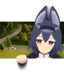  1girl animal_ear_fluff animal_ears bangs black_hair blush car closed_mouth english_commentary fourth_wall fox_ears ghost_car ground_vehicle hairband jacy motor_vehicle original parody road short_hair smile solo transparent_background tree turtleneck violet_eyes 