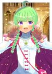  1girl :d ahoge bag bangs blunt_bangs blurry blurry_background blush bow braid brown_gloves center_frills claw_pose cloak commentary_request commission depth_of_field dress fire_emblem frills gem gloves green_gemstone green_hair hair_over_shoulder hands_up kou_hiyoyo long_hair long_sleeves looking_at_viewer nah_(fire_emblem) pink_bow pointy_ears purple_cloak red_bow shoulder_bag skeb_commission smile solo sweat twin_braids v-shaped_eyebrows violet_eyes white_bow white_dress 