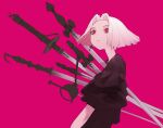  1girl absurdres black_shirt commentary cross cross_earrings earrings english_commentary highres jewelry kisatsuki looking_at_viewer multiple_swords original pink_background pink_eyes shirt short_hair simple_background single_earring solo sword weapon white_hair 