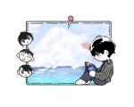  220521sea 2boys bangs black_hair black_pants black_shirt blush book character_request chibi closed_mouth clouds collared_shirt day eoduun_badaui_deungbul-i_doeeo from_side holding holding_book long_sleeves male_focus multiple_boys ocean pants pin reading shirt short_hair simple_background sitting sky smile socks striped striped_shirt vertical-striped_shirt vertical_stripes water white_background white_socks 