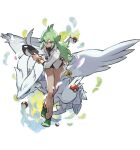  1boy absurdres blue_eyes commentary feathers green_footwear green_hair hat headwear_removed highres jewelry looking_at_viewer male_focus n_(pokemon) necklace official_art poke_ball poke_ball_(basic) pokemon pokemon_(creature) pokemon_(game) pokemon_bw ponytail reshiram saitou_naoki symbol-only_commentary wings 