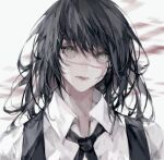  1girl absurdres bangs black_hair chainsaw_man collared_shirt highres looking_at_viewer medium_hair motion_blur neck_ribbon parted_lips portrait ribbon scar scar_on_cheek scar_on_face scar_on_nose school_uniform shirt simple_background solo white_background white_shirt xueer22217 yellow_eyes yoru_(chainsaw_man) 