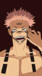  black_nails chest_tattoo extra_eyes facial_tattoo finger_in_own_mouth highres jujutsu_kaisen pink_hair purp1es1ime red_eyes ryoumen_sukuna_(jujutsu_kaisen) simple_background spiky_hair tattoo 