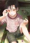  1boy black_hair child facing_viewer feet_out_of_frame holding holding_toy indoors knee_up looking_at_object male_child male_focus marble_(toy) orange_eyes original panmijin99 pocket red_eyes shirt shorts striped striped_shirt tatami toy 