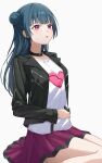 1girl absurdres aftamc bangs black_collar black_jacket blue_hair collar collarbone commentary_request feet_out_of_frame grey_background hair_bun highres jacket leather leather_jacket long_hair long_sleeves looking_away love_live! love_live!_sunshine!! open_clothes open_jacket parted_lips pleated_skirt purple_skirt shirt simple_background single_side_bun sitting skirt solo stomach_ache stomachache tsushima_yoshiko very_long_hair violet_eyes wariza white_shirt wide_sleevesm