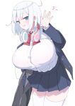  1girl akitokage blue_eyes blue_jacket blue_skirt bow breasts headphones highres jacket large_breasts open_clothes open_jacket open_mouth original red_bow school_uniform shirt skirt thigh-highs waving white_hair white_shirt white_thighhighs 