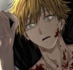  1boy bangs blonde_hair blood blood_on_face chainsaw_man denji_(chainsaw_man) disembodied_limb ku_ha looking_at_another open_mouth sharp_teeth short_hair simple_background solo_focus teeth topless yellow_eyes 
