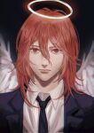  1boy androgynous angel_devil_(chainsaw_man) angel_wings black_background black_necktie chainsaw_man collared_shirt feathered_wings formal hair_between_eyes highres long_hair looking_at_viewer ndsoda necktie red_eyes redhead shirt simple_background solo suit white_shirt white_wings wings 