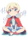  1girl :3 aged_down barefoot blonde_hair blue_eyes coat coat_on_shoulders cup darjeeling_(girls_und_panzer) girls_und_panzer happy_birthday indian_style kayabakoro shorts sitting solo teacup twintails white_background 