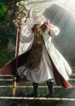  1boy black_footwear full_body glasses gold_trim highres holding holding_staff juju_leelin long_hair looking_at_viewer male_focus outdoors panmijin99 pixiv_fantasia_scepter_of_zeraldia robe solo staff stairs standing statue tassel white_hair wide_sleeves 