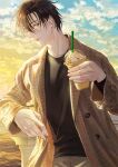  1boy black_hair black_shirt brown_shirt cup disposable_cup drink drinking_straw evening glasses hair_between_eyes highres male_focus original panmijin99 shirt sky solo standing sunset 