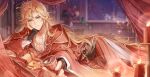 1boy alcohol aqua_eyes blonde_hair brown_sash candle candlestand cup curtained_hair curtains feet_out_of_frame flower for_all_time head_rest highres holding holding_cup lantern long_hair looking_at_viewer luo_xia lying male_focus on_bed on_stomach paper_lantern parted_lips pectoral_cleavage pectorals pillow red_robe robe shirt sleeves_past_wrists smile solo vase white_shirt window zukiyn_zhui 
