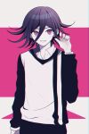  1boy alternate_costume arm_at_side bangs blush collared_shirt danganronpa_(series) danganronpa_v3:_killing_harmony grin hair_between_eyes hand_up highres long_sleeves looking_at_viewer male_focus ouma_kokichi pants pink_background pink_eyes shirt smile solo sweater teeth upper_body urami0310 white_background 