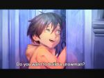  1boy aged_down black_hair blue_eyes chainsaw_man child door frozen_(disney) hair_between_eyes hayakawa_aki highres hood hoodie jacket kozzz_y letterboxed lock looking_at_object open_mouth peeking scene_reference short_hair solo subtitled yellow_hoodie yellow_jacket 