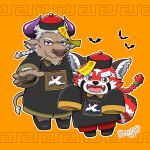 2boys animal_ears bat_(animal) bead_necklace beads braid brown_fur chibi commentary_request cow_ears cow_horns cow_tail facial_hair fangs fangs_out flats full_body furry furry_male goatee highres horns jewelry jiangshi_costume leaf long_hair male_focus minotaur mouth_hold multiple_boys necklace open_mouth orange_background outline purple_horns red_fur red_panda_boy red_panda_ears red_panda_tail shennong_(housamo) signature single_braid smile smirk stalk_in_mouth tail thick_eyebrows tokyo_afterschool_summoners violet_eyes white_fur white_hair white_outline yanai_inaya zhurong_(housamo) 