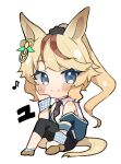 1girl animal_ears artist_self-insert bare_shoulders black_leggings black_necktie blonde_hair blue_eyes blue_jacket blush_stickers brown_footwear character_request chibi closed_mouth collared_shirt commentary_request eighth_note full_body genderswap genderswap_(mtf) highres horse_ears horse_girl horse_tail jacket leggings long_hair looking_at_viewer multicolored_hair musical_note necktie off_shoulder open_clothes open_jacket original partial_commentary personification ponytail redhead shirt shoe_soles shoes short_necktie simple_background sitting sleeveless sleeveless_shirt smile solo streaked_hair tail umamusume very_long_hair white_background white_shirt wrist_cuffs yunekoko 