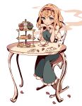  1girl alice_margatroid blonde_hair blue_dress blue_eyes blush_stickers boots brown_footwear capelet card closed_mouth cup dress food frilled_dress frills hair_between_eyes hairband highres lolita_hairband nako7575ko red_hairband short_hair simple_background sitting smile solo touhou white_background white_capelet 
