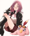  1girl alternate_costume bangs bird boots digimon digimon_(creature) digimon_adventure_02 gdn0522 glasses hair_down highres inoue_miyako jacket jewelry leather leather_jacket long_hair looking_at_viewer necklace poromon shorts sunglasses turtleneck white_background wings yellow_eyes 