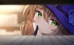  1girl atychi bangs black_gloves blue_flower blue_headwear blue_rose blurry blush brown_hair depth_of_field finger_to_mouth flower genshin_impact gloves green_eyes hair_between_eyes hat hat_flower highres index_finger_raised indoors library lisa_(genshin_impact) long_hair looking_at_viewer parted_lips rose shushing smile solo upper_body 