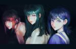  3girls bangs black_background black_hair blue_eyes blue_hair chainsaw_man dress hair_ornament hairclip higashiyama_kobeni highres kozzz_y letterboxed long_hair looking_at_viewer makima_(chainsaw_man) medium_hair mitaka_asa mole mole_under_eye multiple_girls red_eyes redhead ringed_eyes sailor scar scar_on_cheek scar_on_face sidelocks simple_background single_sidelock war_devil_(chainsaw_man) white_dress yoru_(chainsaw_man) 