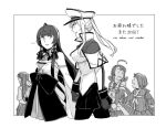  2022 5girls ahoge akagi_(kancolle) bangs bare_shoulders blunt_bangs blush bow breasts capelet character_request collared_shirt cowboy_shot detached_sleeves german_text gloves graf_zeppelin_(kancolle) greyscale hat holding_hands japanese_clothes kantai_collection long_hair looking_at_another looking_away medium_breasts military military_hat military_uniform mizuho_(kancolle) monochrome multiple_girls neckerchief necktie pantyhose peaked_cap pleated_skirt sailor_collar school_uniform serafuku shirt short_hair sidelocks sketch skirt smile straight_hair twintails uniform very_long_hair weidashming wrist_cuffs yuri 
