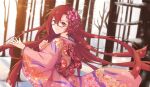  1girl altheavin floating_hair floral_print flower glasses hair_flower hair_ornament highres japanese_clothes kimono labyrista labyrista_(real)_(princess_connect!) long_sleeves looking_at_viewer outdoors pink_kimono princess_connect! red_eyes redhead smile snow solo tree wind 