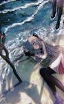 beach black_gloves blue_eyes boots bow dress dual_persona fate/grand_order fate_(series) gloves highres long_hair lying morgan_le_fay_(fate) nigiri ocean on_side pantyhose staff time_paradox tonelico_(fate) white_dress 