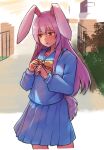  1girl alternate_costume animal_ears blue_jacket blue_skirt contemporary embarrassed ginnkei jacket long_hair long_sleeves open_mouth pink_hair rabbit rabbit_ears rabbit_tail red_eyes reisen_udongein_inaba school_uniform shadow skirt solo tail touhou 