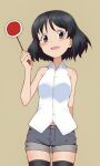  1girl black_eyes black_hair character_request girls_und_panzer highres holding holding_sign kayabakoro medium_hair short_shorts shorts sign simple_background sleeveless solo thigh-highs zettai_ryouiki 