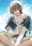  1boy 2022 akizero1510 bangs bird blue_sky brown_hair clouds cloudy_sky conch cork corked_bottle earrings glass_bottle glasses green_eyes hair_between_eyes highres ike_eveland jewelry light_blush long_sleeves looking_at_viewer message_in_a_bottle necklace nijisanji nijisanji_en open_mouth shorts sitting sky sleeves_past_wrists smile solo 