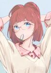  1girl adjusting_hair arms_behind_head bangs blue_background blue_eyes blunt_bangs blush commentary_request glasses hair_tie_in_mouth half_updo long_sleeves looking_at_viewer mouth_hold original redhead simple_background solo star_(symbol) tomamatto upper_body 