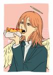  angel_devil_(chainsaw_man) angel_wings black_necktie border chainsaw_man collared_shirt eating feathered_wings food halo holding holding_food hot_dog looking_at_food necktie ohisama33ohayo3 open_mouth orange_hair pink_background shirt solo white_border white_shirt white_wings wings 