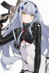  1girl absurdres bangs blush english_commentary girls_frontline green_eyes grey_hair gun hair_between_eyes hair_ornament highres hk416_(girls&#039;_frontline) hk416_(midnight_evangelion)_(girls&#039;_frontline) holding holding_gun holding_weapon leotard long_hair looking_at_viewer mimelond official_alternate_costume rifle simple_background solo teardrop_facial_mark teardrop_tattoo weapon weibo_logo weibo_username white_background 