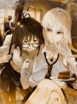  1girl 1other ahoge black_hair cake crossed_legs eating enma-chan food food_on_face funi_mu9 glasses halo highres hololive hololive_english long_hair necktie omega_alpha pantyhose_under_shorts school_uniform sepia shorts very_long_hair white_hair 