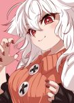  1girl ameyu_(rapon) animal_ears breasts cat_ears cat_girl claw_pose highres large_breasts medium_hair open_clothes original red_eyes sweater white_hair 