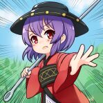  1girl bowl bowl_hat emphasis_lines ferdy&#039;s_lab hat highres holding japanese_clothes kimono motion_lines needle obi open_mouth outstretched_hand reaching_out red_kimono sash sky solo sukuna_shinmyoumaru touhou wide_sleeves 