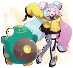  1girl aqua_hair bellibolt character_hair_ornament chiimako full_body green_skirt hair_ornament iono_(pokemon) jacket long_hair long_sleeves looking_at_viewer multicolored_hair open_mouth pink_hair pokemon pokemon_(creature) pokemon_(game) pokemon_sv sharp_teeth skirt smile standing teeth twintails two-tone_hair very_long_hair violet_eyes yellow_jacket 