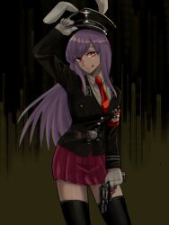 1girl :q adjusting_clothes adjusting_headwear animal_ears armband belt black_background black_belt black_hat black_jacket blazer brown_background collared_shirt commentary cross finger_on_trigger gun handgun hat holding holding_gun holding_weapon iron_cross jacket kashiran long_hair long_sleeves looking_at_viewer miniskirt nazi necktie pink_skirt pleated_skirt purple_hair rabbit_ears rabbit_girl red_eyes red_necktie reisen_udongein_inaba shirt skirt solo ss_insignia swastika swastika-shaped_pupils tongue tongue_out touhou very_long_hair waffen-ss weapon white_shirt 