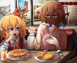  :3 anger_vein ascot bat_wings blonde_hair blue_hair chocolate chocolate_covered collared_shirt cup english_text fang flandre_scarlet food fumo_(doll) hair_between_eyes hakurei_reimu hecatia_lapislazuli highres holding holding_cup indoors jewelry lad_der long_sleeves necklace pancake pink_shirt pointy_ears red_eyes remilia_scarlet shirt short_hair siblings sisters sitting smile table touhou white_ascot wings 