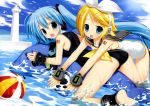  2girls beachball birds blue_eyes blue_hair blush clouds coast dolphin fujima_takuya hair_ornament hairclip hatsune_miku headset highres kagamine_rin lighthouse long_hair necktie one-piece_swimsuit open_mouth ribbon school_swimsuit seifuku short_hair sky submerged swimsuit twintails very_long_hair vocaloid water wet wrist_cuffs 