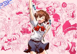  3boys 5girls aegis aragaki_shinjirou bikini blush bow brown_hair closed_eyes female_protagonist_(persona_3) hasegawa_saori headphones iori_junpei open_mouth persona persona_3 persona_3_portable sanada_akihiko school_uniform segami_daisuke skirt smile swimsuit takeba_yukari translation_request wink yamagishi_fuuka 