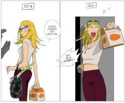  1girl alien_stage bag blonde_hair box crop_top door eyewear_on_head green-tinted_eyewear heart highres hyuna_(alien_stage) korean_text long_hair official_art open_mouth pants plastic_bag production_art prototype_design qmeng red_pants shirt shopping_bag spring_onion sunglasses takeout_container tinted_eyewear translation_request violet_eyes white_shirt 