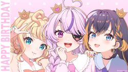  3girls :3 :d ahoge anchor_earrings aqua_eyes aqua_nails black_hair blonde_hair blue_eyes blush braid crown earrings eyepatch hair_between_eyes hand_on_another's_shoulder happy_birthday heart heart_ahoge heart_earrings highres jewelry long_hair looking_at_viewer maria_marionette medium_hair millie_parfait mugimugigo multicolored_hair multiple_girls nijisanji nijisanji_en petra_gurin pink_background pink_eyes pink_hair single_earring smile streaked_hair v virtual_youtuber yellow_nails 