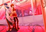  1girl back-to-back blue_eyes blue_hair boots brown_hair couple highres holding_hands kaito meiko midriff norihe red red_eyes scarf short_hair skirt thighhighs vocaloid zettai_ryouiki 