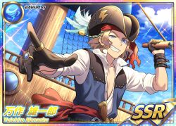  1boy antique_firearm artist_name bicorne black_gloves blonde_hair blue_eyes dolustoy feathers gloves gun hat highres inazuma_eleven_(series) inazuma_eleven_ares_no_tenbin long_hair looking_at_viewer male_focus mansaku_yuuichirou open_clothes open_shirt pirate pirate_costume pirate_hat pirate_ship red_sash sash shirt solo weapon white_feathers white_shirt 