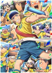  1girl 6+boys aqua_shorts aqua_socks baseball_cap black_hair blonde_hair blue_eyes blue_hair brown_eyes brown_hair dolustoy finish_line gloves goujin_tetsunosuke green_hair grey_eyes grey_hair haizaki_ryouhei hat hattori_hanta highres hiura_kirina hiyori_masakatsu inamori_asuto inazuma_eleven_(series) inazuma_eleven_ares_no_tenbin iwato_takashi kneehighs kozoumaru_sasuke light_blue_hair long_hair male_focus mansaku_yuuichirou michinari_tatsumi multiple_boys okuiri_hiro open_mouth purple_hair racing raimon raimon_soccer_uniform relay_baton relay_race running_track shirt shorts soccer_uniform socks sports_festival sportswear sweat umihara_norika violet_eyes yellow_shirt 