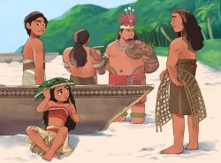  1girl 4boys arm_tattoo beach blue_sky brown_hair canoe chief_tui dark-skinned_female dark-skinned_male dark_skin day disney finger_to_mouth headdress long_hair looking_at_another moana_(movie) moana_waialiki multiple_boys outdoors palm_tree pano_(mohayayamai) short_hair shushing sitting skirt sky standing tattoo tree tribal_tattoo 
